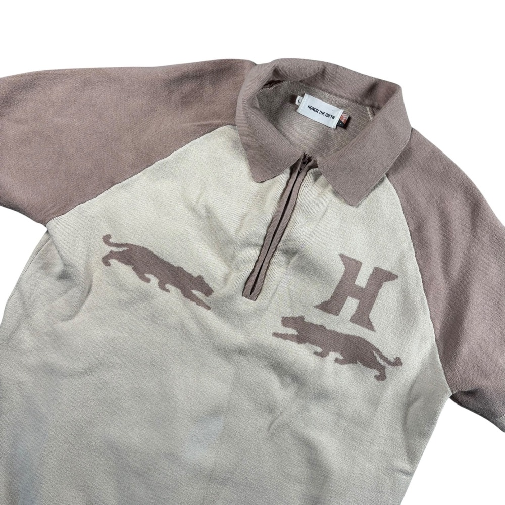 Honor The Gift Knit Polo Shirt Mens L Tan 1/4 Zip Raglan HTG Streetwear Urban
